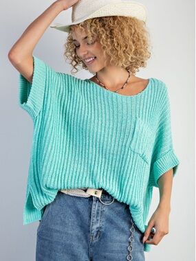 Easel Oversized Mint Green Knit Short-Sleeve Sweater Top Women Large L
